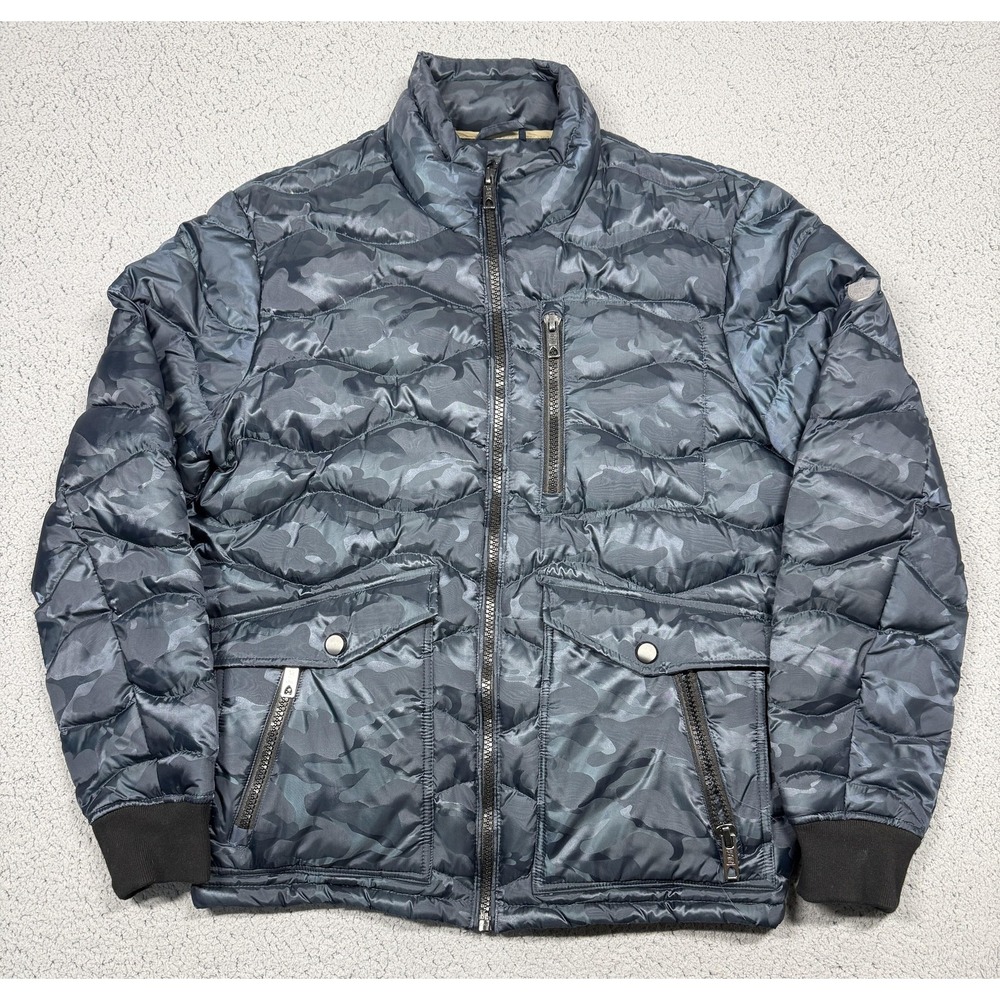Jet Lag Jacket Mens XL Blue Camo Quilted Down Puffer Full Zip Stand Collar Warm